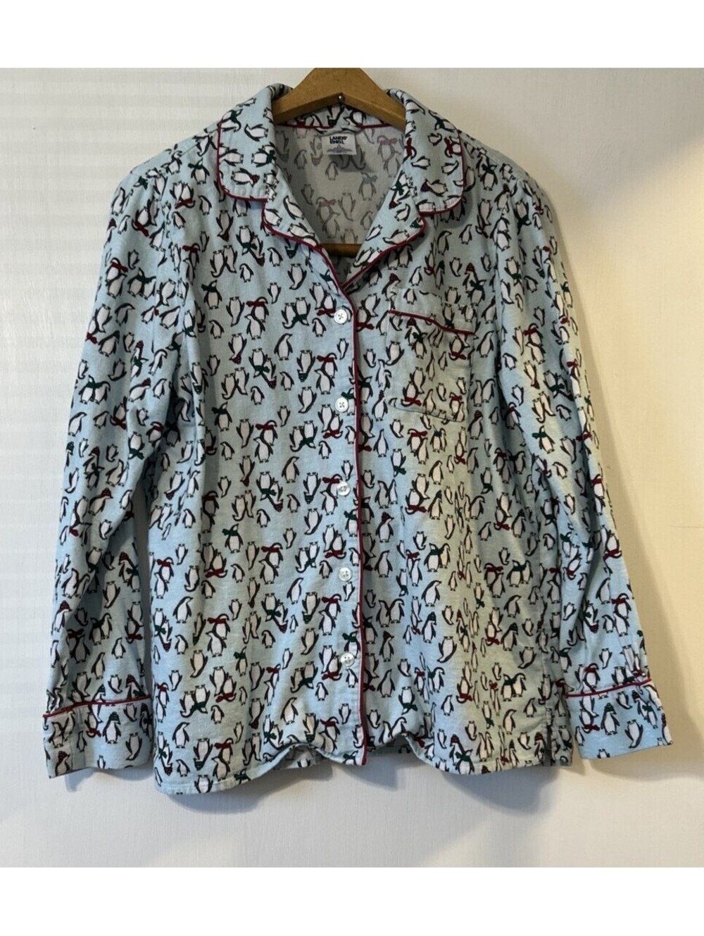 Land's End Women's Penguine Pajama Top Size S Light Blue Winter Soft Flannel